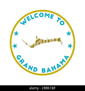 Bienvenue au timbre Grand Bahama. Timbre rond d'île grunge avec texture dans le thème de couleur Gummy Dolphins. Sceau Grand Bahama géométrique de style vintage. Superbe Illustration de Vecteur