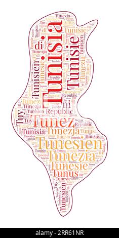 Tunisie forme rempli avec le nom du pays dans de nombreuses langues. Carte de Tunisie dans le style wordcloud. Illustration vectorielle soignée. Illustration de Vecteur