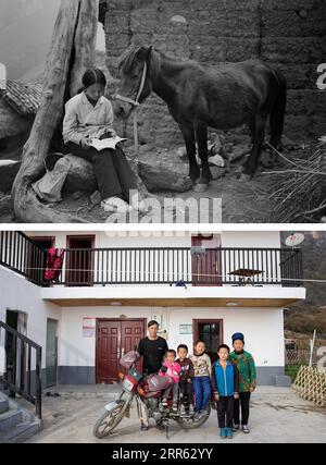 210123 -- BUTUO, le 23 janvier 2021 -- HAUT : Naibao Merizuo, alors âgée de 14 ans, lit devant son ancienne résidence dans le village d Abuluoha, comté de Butuo, province du Sichuan au sud-ouest de la Chine, le 21 mars 2006. EN BAS : Naibao Merizuo 1st R, 28 ans, pose pour une photo de groupe avec son mari Qiesha Secong 1st L et quatre enfants dans leur nouvelle maison dans le village d'Abuluoha le 25 décembre 2020. Abuluoha, un village entouré de montagnes et de falaises, est situé dans une vallée fluviale à environ 60 kilomètres du comté de Butuo dans le sud-ouest de la province du Sichuan. Comme son nom dans la langue maternelle Yi indique, le village était autrefois un endroit hors t Banque D'Images