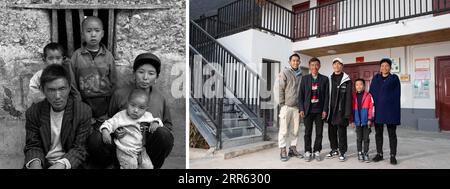 210123 -- BUTUO, 23 janvier 2021 -- GAUCHE : Qiesha cier 1st L, devant pose pour une photo avec sa famille devant leur ancienne résidence dans le village d'Abuluoha, comté de Butuo, province du Sichuan au sud-ouest de la Chine, le 12 mars 2005. DROITE : Qiesha cier 2e L, 46 ans, pose pour une photo de groupe avec sa famille dans leur nouvelle maison dans le village d’Abuluoha le 25 décembre 2020. Abuluoha, un village entouré de montagnes et de falaises, est situé dans une vallée fluviale à environ 60 kilomètres du comté de Butuo dans le sud-ouest de la province du Sichuan. Comme son nom dans la langue maternelle Yi l'indique, le village était autrefois un endroit hors de l'ap battu Banque D'Images