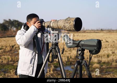 210126 -- NANCHANG, le 26 janvier 2021 -- Wang Zhiru prend des photos de grues blanches dans la zone de remise en état de Kangshan, qui est l'un des habitats d'hivernage des oiseaux près du lac Poyang, dans le comté de Yugan, dans la province de Jiangxi, dans l'est de la Chine, le 18 janvier 2021. Wang Zhiru, directeur du Centre de sauvetage et d'élevage de la faune sauvage de la province du Jiangxi, et Kuang Shaoxiang, vétérinaire, ont rencontré la grue blanche AIAI pour la première fois en avril 2018, lorsqu'elle a été trouvée et envoyée au centre par un villageois local. Quand je l'ai vu pour la première fois, la grue était si sale et ne pouvait même pas tenir debout en raison de la malnutrition à long terme. W Banque D'Images