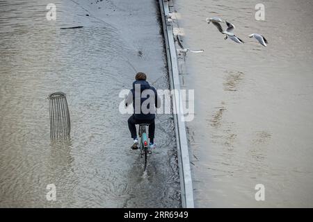 210201 -- PARIS, le 1 février 2021 -- Un cycliste est vu sur une rive inondée de la Seine en raison de pluies continues à Paris, France, le 1 février 2021. Photo de /Xinhua FRANCE-PARIS-SEINE-INONDATION AurelienxMorissard PUBLICATIONxNOTxINxCHN Banque D'Images