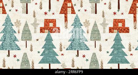 Chalet de noël rustique avec effet de tissu de couture à la main primitive. bordure. Garniture de ruban homespun chic et nostalgique douillet avec americana Banque D'Images