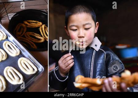 210214 -- BEIJING, 14 février 2021 -- un garçon goûte du Pansan fraîchement cuit, une sorte de collation de pâte frite populaire parmi les personnes du groupe ethnique Tu pendant les vacances du nouvel an lunaire, dans le village de Baiya, dans le canton de Weiyuan, comté autonome de Huzhu Tu, Haidong, province du Qinghai, au nord-ouest de la Chine, le 5 février 2021. Le nouvel an lunaire se classe parmi les festivals les plus importants en Chine, et les célébrations sont multiformes, y compris la nourriture. Lorsque le nouvel an lunaire arrive, les gens à travers la Chine font une variété de collations qui, selon eux, apporteront la bonne fortune. CHINE-NOUVEL AN LUNAR-FESTIVAL DE PRINTEMPS-SNACKS CN ZH Banque D'Images