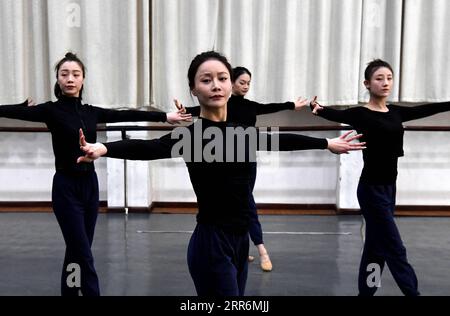 210222 -- ZHENGZHOU, le 22 février 2021 -- les danseurs pratiquent au Zhengzhou Song and Dance Theater à Zhengzhou, dans la province du Henan du centre de la Chine, le 20 février 2021. Quatorze danseurs du Zhengzhou Song and Dance Theater ont été très occupés depuis que la danse qu'ils ont jouée est devenue virale en ligne. Le spectacle, nommé banquet du palais Tang, a été mis en scène lors du gala du festival de printemps de la province du Henan. Brillamment chorégraphiée et jouée, la danse a presque fait revivre les anciennes figurines dansantes de la dynastie Tang 618-907. Le banquet de spectacle du palais Tang, inspiré par les figurines dansantes exposées à Banque D'Images