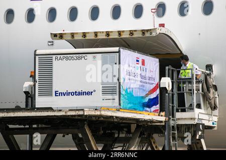 210224 -- BANGKOK, le 24 février 2021 -- le premier lot de vaccins contre la COVID-19 arrive à l'aéroport Suvarnabhumi de Bangkok, Thaïlande, le 24 février 2021. Le premier lot de vaccins COVID-19 que la Thaïlande a commandé à la Chine Sinovac Biotech est arrivé mercredi dans la capitale Bangkok, mettant le pays sur la bonne voie pour lancer son programme national de vaccination. THAÏLANDE-BANGKOK-CHINE-COVID-19-VACCIN-ARRIVÉE ZHANGXKEREN PUBLICATIONXNOTXINXCHN Banque D'Images