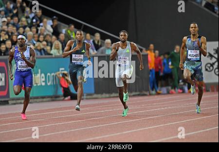 Noah Lyles (USA) remporte le 200m en 19,80 lors de la Weltkasse Zurich au Letzigrund Stadium, jeudi 31 août 2023, à Zurich, Suisse. De gauche à droite : Kenny Bednarek (USA), Erriyon Knighton (USA), Lyles et Zharnel Hughes (GBR). (Jiro Mochiuzki/image du sport) Banque D'Images