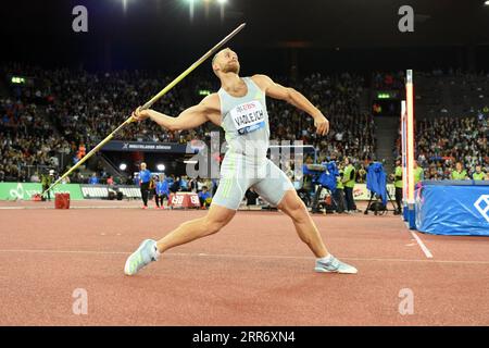 Jakub Vadlejch (CZE) remporte le javelot à 281-8 (85.86m) lors de la Weltkasse Zurich au stade Letzigrund, jeudi 31 août 2023, à Zurich, Suisse. (Jiro Mochiuzki/image du sport) Banque D'Images