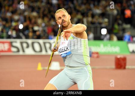 Jakub Vadlejch (CZE) remporte le javelot à 281-8 (85.86m) lors de la Weltkasse Zurich au stade Letzigrund, jeudi 31 août 2023, à Zurich, Suisse. (Jiro Mochiuzki/image du sport) Banque D'Images