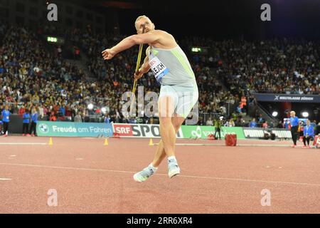 Jakub Vadlejch (CZE) remporte le javelot à 281-8 (85.86m) lors de la Weltkasse Zurich au stade Letzigrund, jeudi 31 août 2023, à Zurich, Suisse. (Jiro Mochiuzki/image du sport) Banque D'Images