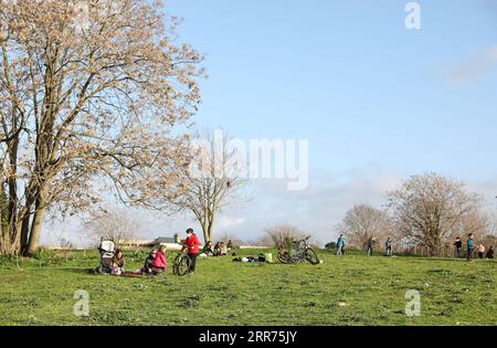 210314 -- ROME, le 14 mars 2021 -- les gens profitent de leur week-end au Parco della Caffarella à Rome, Italie, le 13 mars 2021. L’Italie a approuvé vendredi une nouvelle série de restrictions anti-COVID-19 strictes à l’échelle nationale, car les variantes du virus circulant dans le pays stimulaient les infections. Les nouvelles mesures seront mises en œuvre entre mars 15 et avril 6, y compris le dimanche de Pâques et le lundi de Pâques du 4 au 5 avril, qui représentent une fête traditionnelle pour les Italiens au printemps. Selon les dernières données du ministère de la Santé, quelque 26 062 nouveaux cas ont été enregistrés quotidiennement. ITALIE-ROME-COVID-19-CAS CHE Banque D'Images