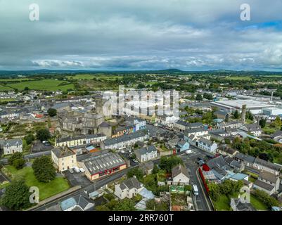 Vue aérienne du château de Roscrea et de la ville en Irlande centrale avec donjon de la tour, murs d'enceinte avec tour circulaire et jardin Banque D'Images