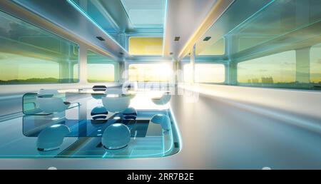 Design de bureau intérieur futuriste moderne de science-fiction avec belle vue sur le paysage. rendu 3d. Banque D'Images