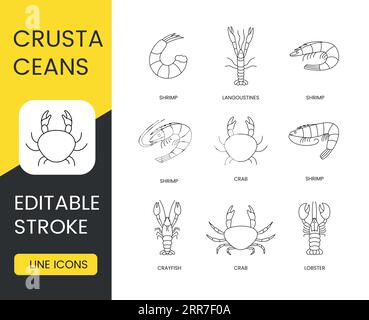 Crustacés définir des icônes de ligne dans le vecteur, fruits de mer modifiable trait. Homard et crabe, écrevisses et crevettes, langoustines Illustration de Vecteur