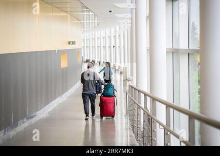 Couple avec des sacs à bagages à l'aéroport, prêt à monter à bord du vol. Banque D'Images