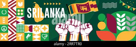 Bannière de la journée nationale du Sri lanka avec carte, fond de thème de couleurs de drapeau et design coloré moderne abstrait géométrique rétro. design moderne abstrait. Illustration de Vecteur