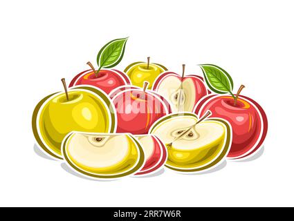 Logo vectoriel pour pommes colorées, affiche horizontale décorative avec illustration de contour de la composition fruitée de pomme rouge et jaune, impression de fruits avec g. Illustration de Vecteur