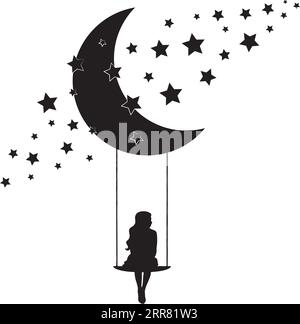 Fille sur une balançoire sur la lune, vecteur. Silhouette de fille sur swing sur la lune avec des étoiles. Décalcomanies murales isolées sur fond blanc, design d'art, œuvres d'art. Illustration de Vecteur