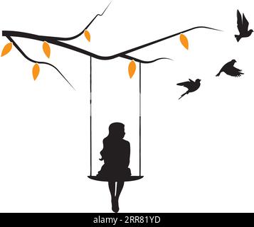 Fille sur une balançoire sur la branche, vecteur. Silhouette de fille sur une balançoire sur la branche et silhouettes d'oiseaux volants. Décalcomanies murales isolées sur fond blanc, art de Illustration de Vecteur