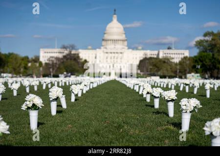 210414 -- WASHINGTON, le 14 avril 2021 -- une photo prise le 13 avril 2021 montre 40 000 fleurs de soie blanche installées sur le National Mall pour honorer les près de 40 000 Américains qui meurent chaque année des violences par arme à feu à Washington, D.C., aux États-Unis. U.S.-WASHINGTON D.C.-GUN VIOLENCE-FLEURS EN SOIE LIUXJIE PUBLICATIONXNOTXINXCHN Banque D'Images