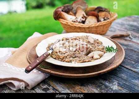 Délicieux risotto aux champignons habillé de parmesan et d'herbes. Panier avec des ingrédients de champignons porcini à l'extérieur par jour ensoleillé Banque D'Images