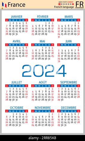 Calendrier de poche vertical français pour 2024 (deux mille vingt-quatre). La semaine commence dimanche. Nouvel an. Conception simple de couleur. Vecteur Illustration de Vecteur