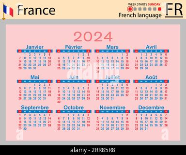 Calendrier de poche horizontal français pour 2024 (deux mille vingt-quatre). La semaine commence dimanche. Nouvel an. Conception simple de couleur. Vecteur Illustration de Vecteur