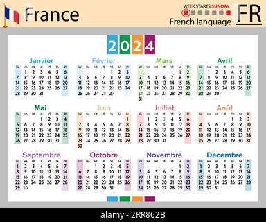 Calendrier de poche horizontal français pour 2024 (deux mille vingt-quatre). La semaine commence dimanche. Nouvel an. Conception simple de couleur. Vecteur Illustration de Vecteur