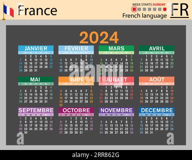 Calendrier de poche horizontal français pour 2024 (deux mille vingt-quatre). La semaine commence dimanche. Nouvel an. Conception simple de couleur. Vecteur Illustration de Vecteur