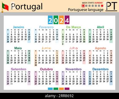 Calendrier de poche horizontal portugais pour 2024 (deux mille vingt-quatre). La semaine commence dimanche. Nouvel an. Conception simple de couleur. Vecteur Illustration de Vecteur