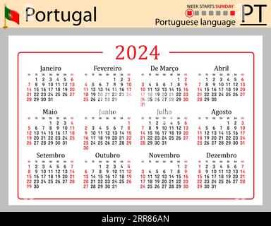Calendrier de poche horizontal portugais pour 2024 (deux mille vingt-quatre). La semaine commence dimanche. Nouvel an. Conception simple de couleur. Vecteur Illustration de Vecteur