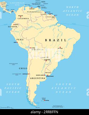 Amérique du Sud, carte politique avec frontières, capitales et les plus grands fleuves. Un continent, bordé par le Pacifique et l'océan Atlantique. Banque D'Images