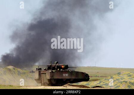 210511 -- CHAMP DE TIR SMARDAN ROUMANIE, le 11 mai 2021 -- Un exercice militaire conjoint a lieu au champ de tir de Smardan, dans le sud-est de la Roumanie, le 11 mai 2021. Les présidents de Roumanie et de Pologne ont assisté mardi à l'exercice militaire conjoint dans le cadre des exercices Justice Sword 21 dans le champ de tir de Smardan, selon un communiqué de presse de l'administration présidentielle roumaine. Photo de /Xinhua ROMANIA-SMARDAN CHAMP DE TIR-POLOGNE-EXERCICE MILITAIRE CONJOINT CristianxCristel PUBLICATIONxNOTxINxCHN Banque D'Images