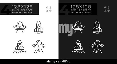 Icônes linéaires parfaites de pixel de vie extraterrestre définies pour le mode sombre et clair Illustration de Vecteur