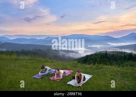 Groupe de trois jeunes femmes faisant des exercices flexibles sur tapis de yoga à l'air frais. Beau coucher de soleil d'été sur les montagnes en arrière-plan. Banque D'Images