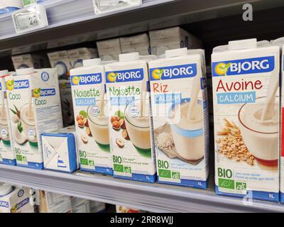 Puilboreau, France - 3 octobre 2020 : sachets de lait biologique de noix de coco, riz, avoine et noisette sur les étagères d'un supermarché par la marque 'Bjorg' Banque D'Images