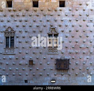 Façade de la Casa de las Conchas avec fenêtres en fer forgé, moulures avec motifs religieux en bas-relief et coquillages de roche à Salamanque en Espagne. Banque D'Images