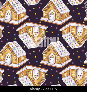 Maison en pain d'épice à motif sans couture, décor de bonbons du nouvel an de Noël. Maison des cookies. Illustration aquarelle dessinée à la main fond sombre Banque D'Images