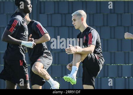 Tubize, Belgique. 05 septembre 2023. Le Belge Leandro Trossard photographié lors d'une séance d'entraînement de l'équipe nationale belge de football Red Devils, mardi 05 septembre 2023, au siège de la Royal Belgian football Association RBFA à Tubize. Les Devils affronteront l'Azerbaïdjan et l'Estonie plus tard ce mois-ci. BELGA PHOTO BRUNO FAHY crédit : Belga News Agency/Alamy Live News Banque D'Images