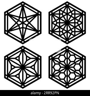 Un ensemble de quatre éléments de conception basés sur des ornements de l'artisanat traditionnel japonais Kumiko Zaiku.lignes de couleur noire Illustration de Vecteur