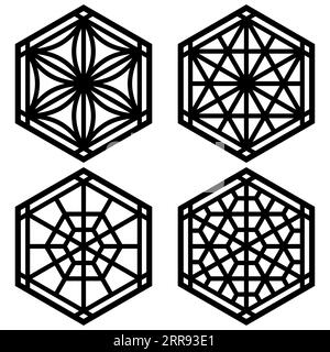 Un ensemble de quatre éléments de conception basés sur des ornements de l'artisanat traditionnel japonais Kumiko Zaiku.lignes de couleur noire Illustration de Vecteur