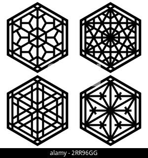 Un ensemble de quatre éléments de conception basés sur des ornements de l'artisanat traditionnel japonais Kumiko Zaiku.lignes de couleur noire Illustration de Vecteur