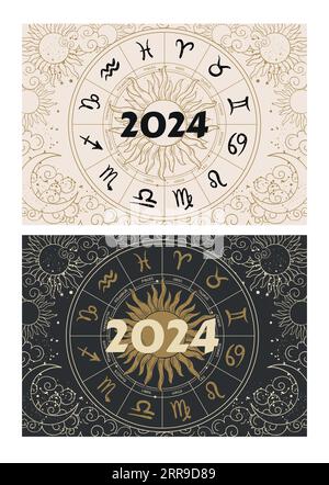 Couverture astrologique horizontale pour agenda, calendrier pour 2024. Soleil et lune dorés, roue du zodiaque avec 12 symboles horoscope. Impression vectorielle mystique sur blac Illustration de Vecteur