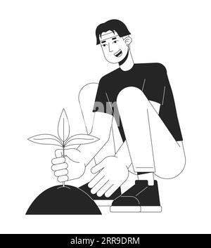 Homme asiatique plantant la plante dans le sol ligne plate noir caractère vectoriel blanc Illustration de Vecteur
