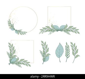 Cadres dorés ronds et carrés avec décor de verdure et de branches de plantes, éléments pour la conception de mariage, anniversaire, anniversaire. Esthétique plat illustr Illustration de Vecteur
