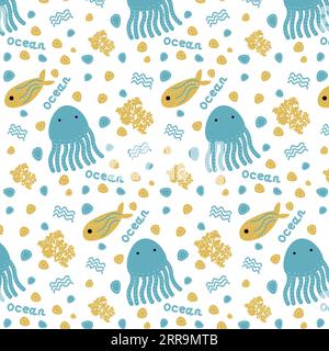 Motif sans couture animaux de l'océan poisson poulpe et l'inscription océan sur un fond blanc. Bannière graphique vectorielle Illustration de Vecteur