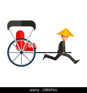 Pilote de rickshaw dans le chapeau de paille courant à plat icône vectorielle Illustration de Vecteur