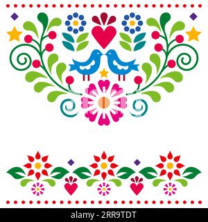Carte de voeux vectorielle de style art folklorique mexicain ou conception d'invitation de mariage avec des fleurs et deux oiseaux Illustration de Vecteur