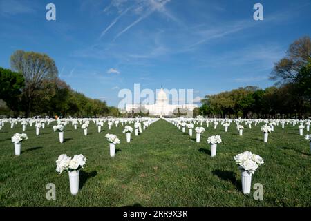 210705 -- PÉKIN, 5 juillet 2021 -- une photo prise le 13 avril 2021 montre des fleurs de soie blanche installées sur le National Mall pour mémoriser les Américains qui meurent de violence armée à Washington, D.C., aux États-Unis. Xinhua Headlines : les querelles partisanes américaines entravent la lutte contre la flambée de violence armée LiuxJie PUBLICATIONxNOTxINxCHN Banque D'Images