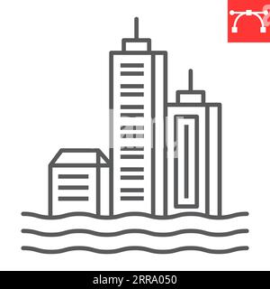 Icône de ligne d'inondation de ville, changement climatique et écologie, icône de vecteur de catastrophe de l'eau, graphiques vectoriels, signe de contour de trait modifiable, eps 10. Illustration de Vecteur